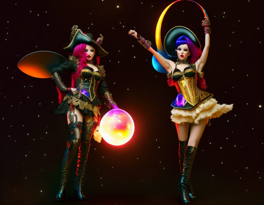Colorful futuristic female characters with glowing orbs and rings in pirate-inspired outfits