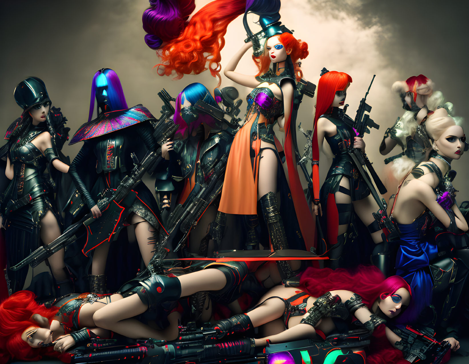 Futuristic characters in elaborate costumes with vibrant hair colors pose dramatically