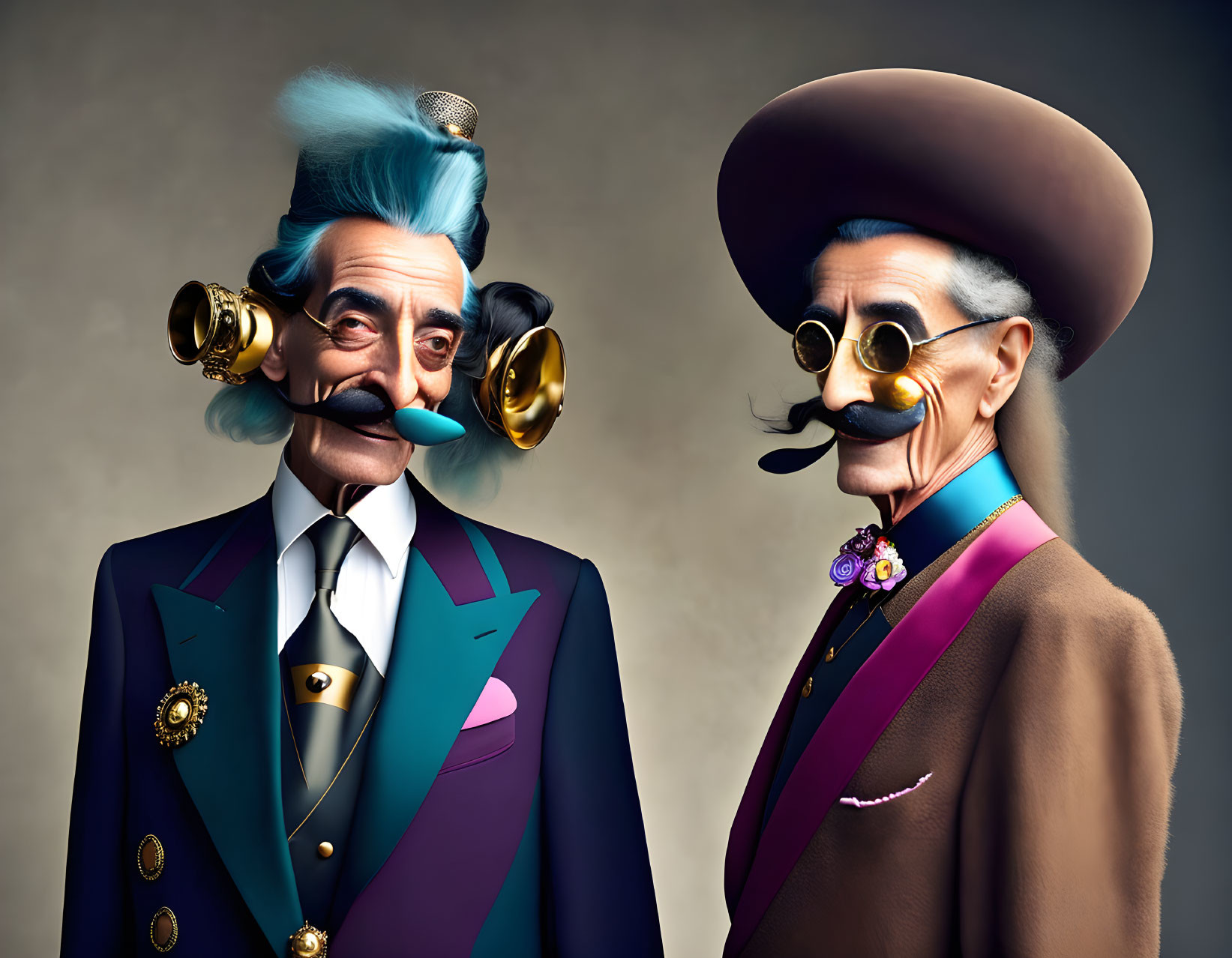 Whimsical male figures in vintage attire with exaggerated facial features