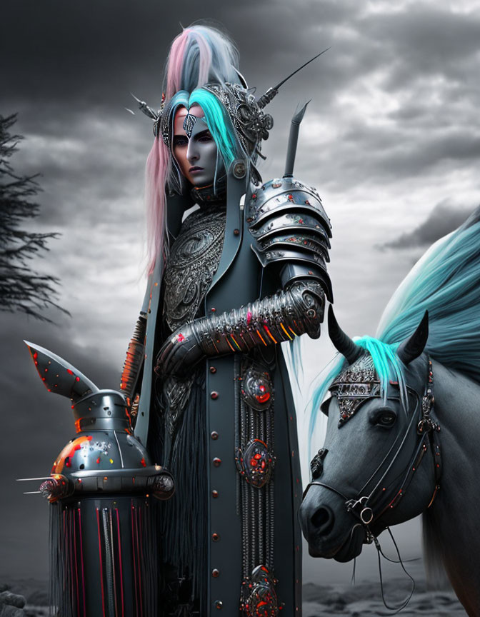 Colorful Hair Fantasy Warrior Woman & Armored Horse in Decorated Armor