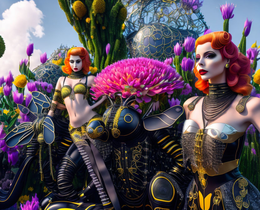 Stylized female figures with bee-like features in vibrant floral setting