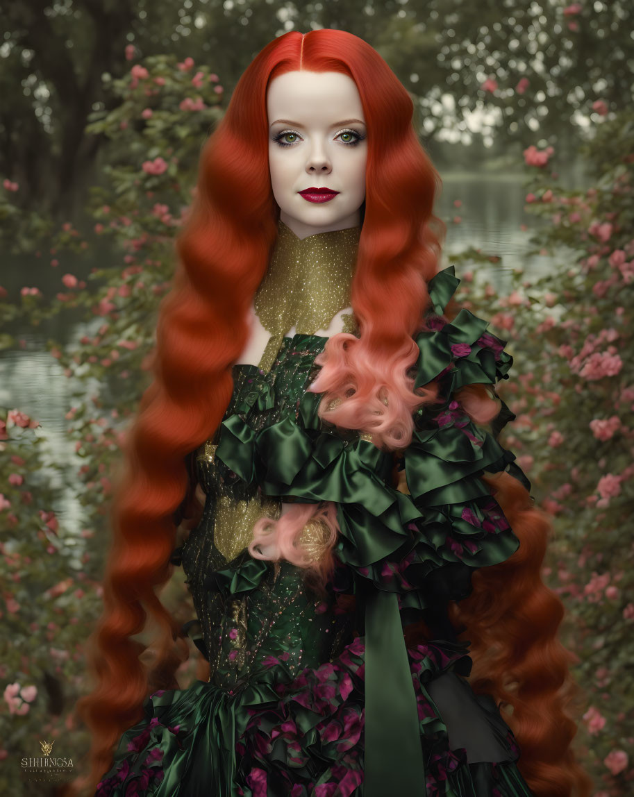 Woman with Long Red Hair and Striking Makeup in Ruffled Green Dress among Dreamy Nature Scene