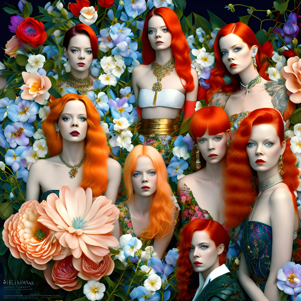 Collection of Red-Haired Female Figures in Floral Setting