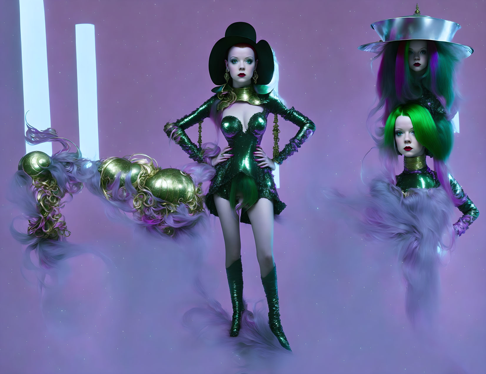 Three dolls in futuristic metallic attire on purple background with smoky effects.