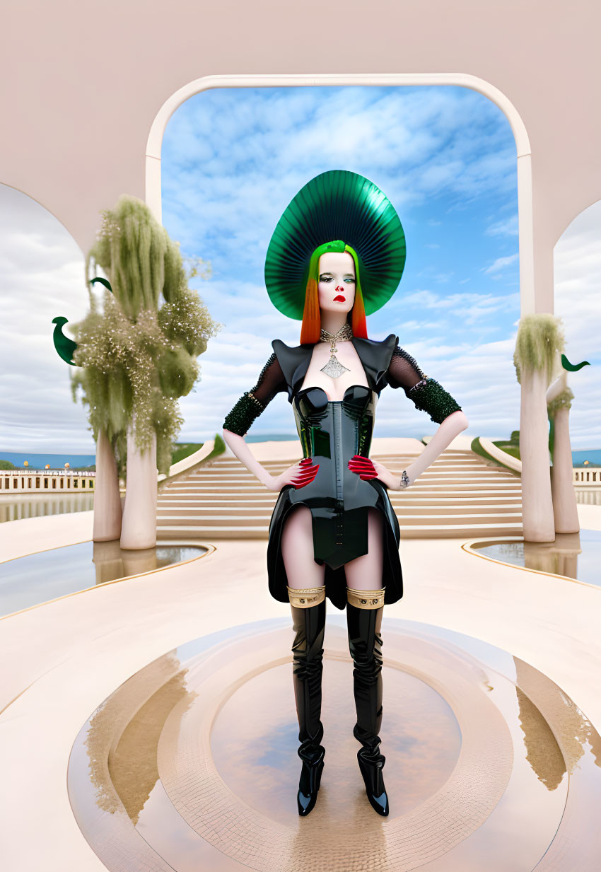 Stylized 3D illustration of female figure in futuristic outfit with green hair on elegant balcony.