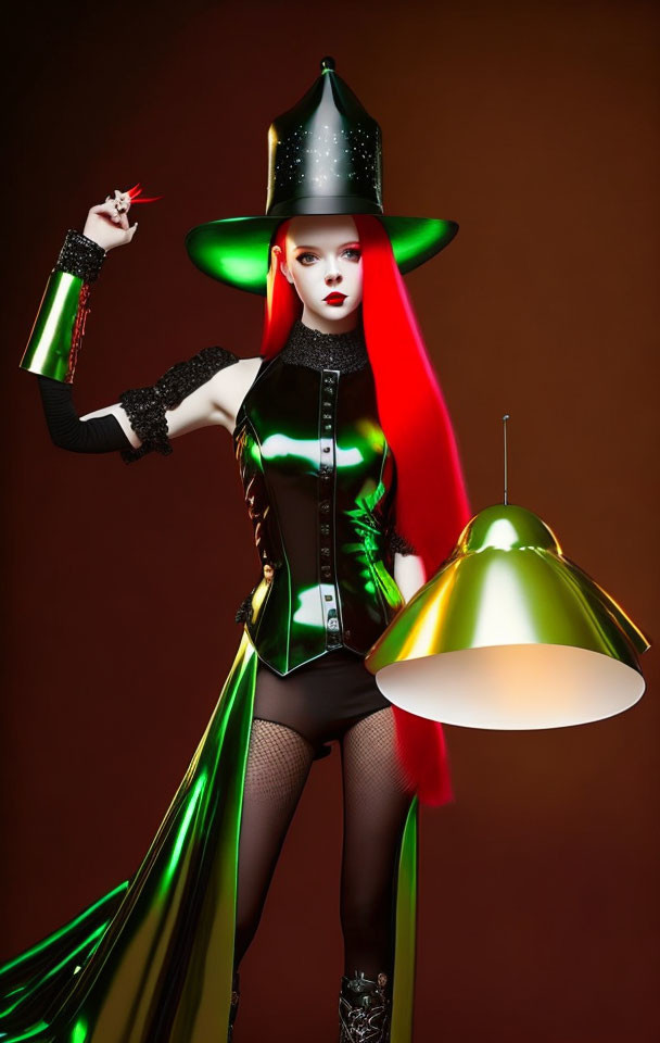 Person with Bright Red Hair in Black and Green Outfit with Large Brimmed Hat and Dramatic