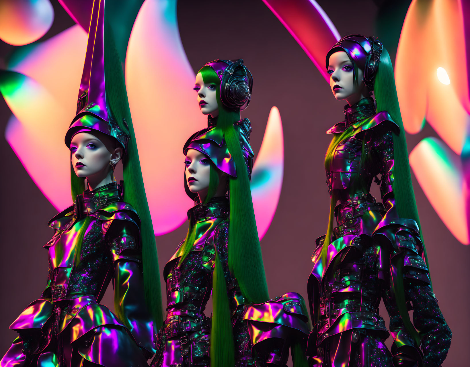Abstract futuristic female figures in metallic suits with elongated headwear on colorful backdrop.