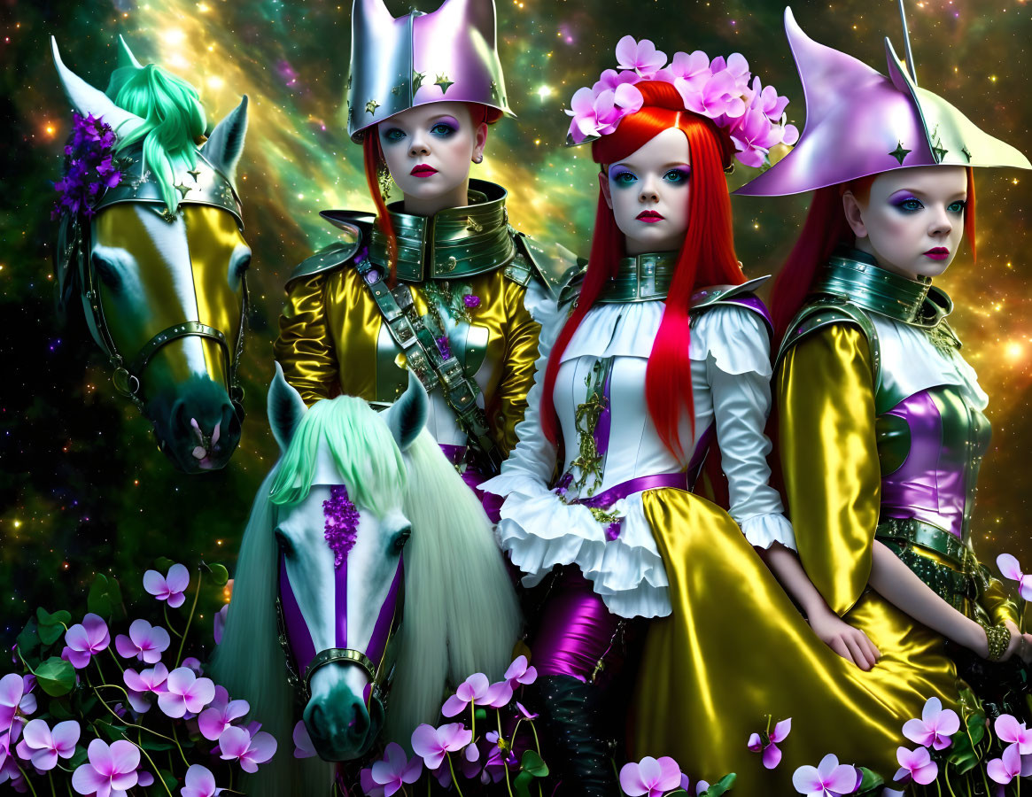 Colorful Costumed Trio and White Horses in Cosmic Setting