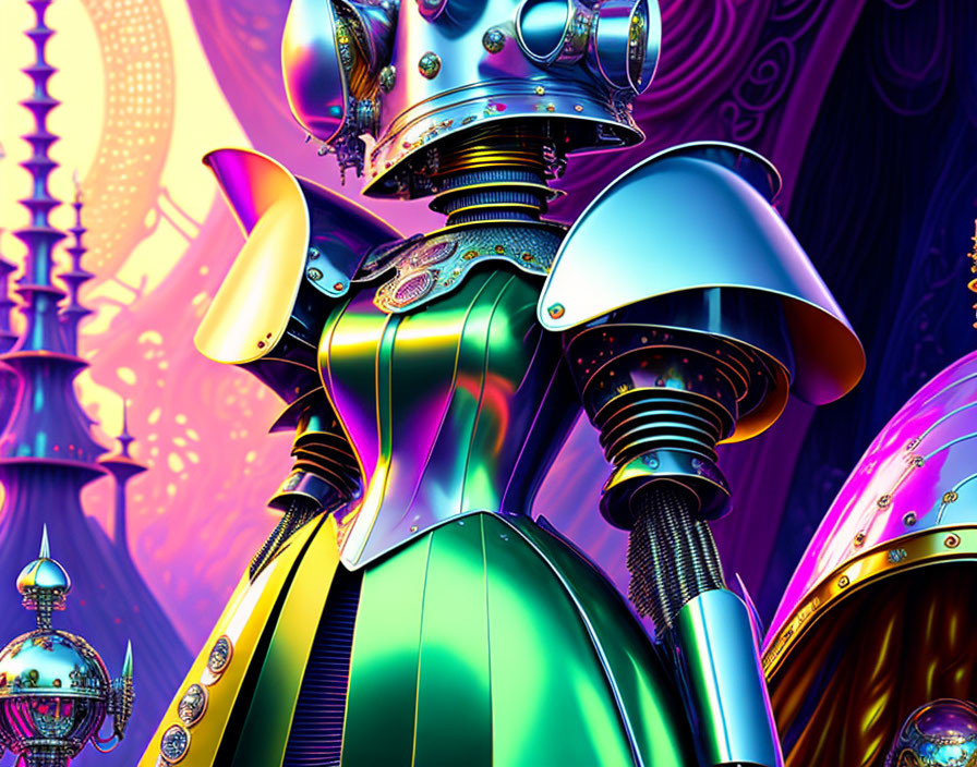 Vibrant futuristic robot in colorful, glossy setting