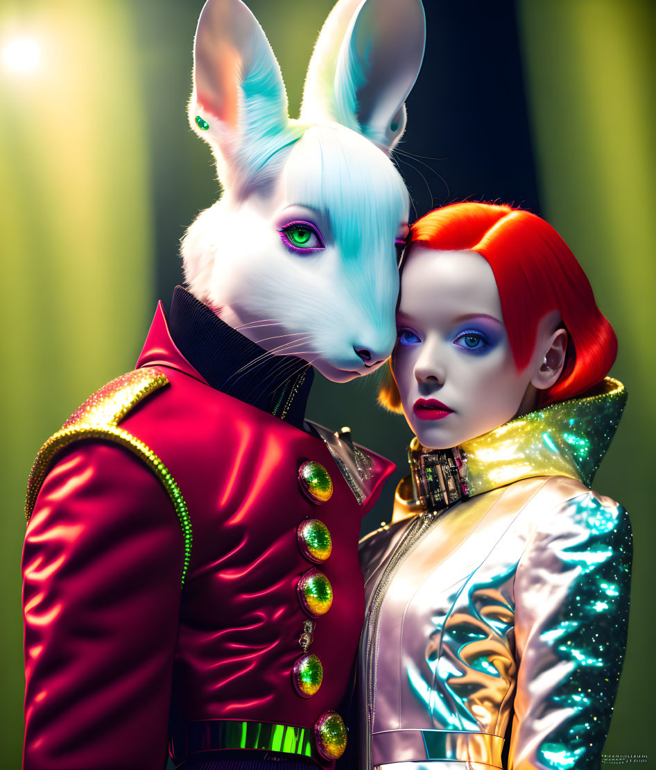 Surreal portrait of human with rabbit head and person with red hair in silver jacket