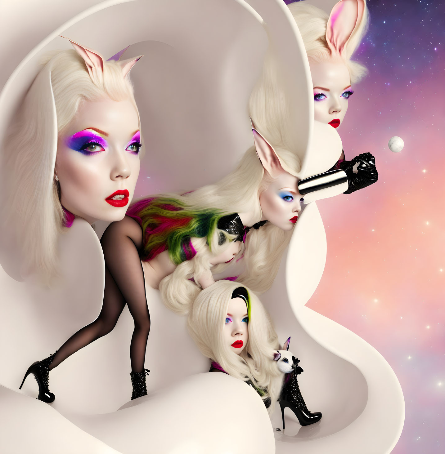 Surreal illustration of three women with rabbit features and avant-garde makeup, with a black dog