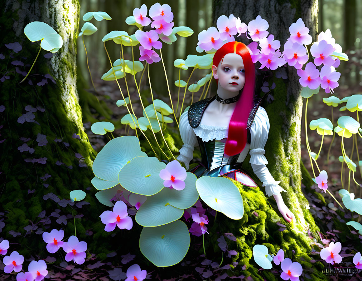 Red-haired porcelain girl surrounded by fantasy flowers in enchanted forest