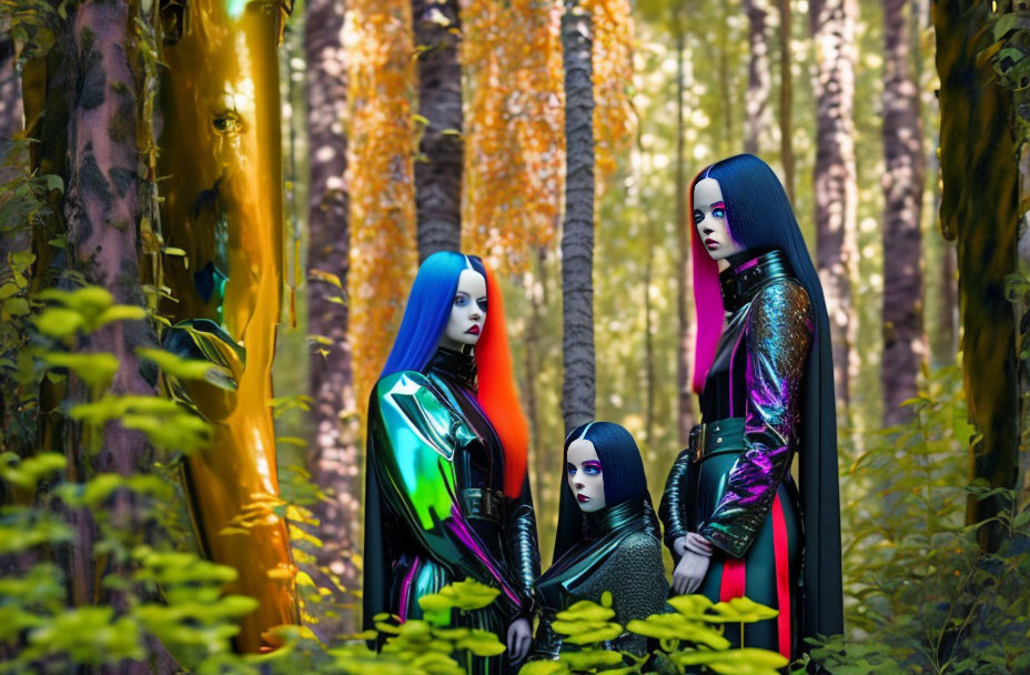 Vivid Blue and Black Hair Trio in Futuristic Outfits Amid Colorful Forest