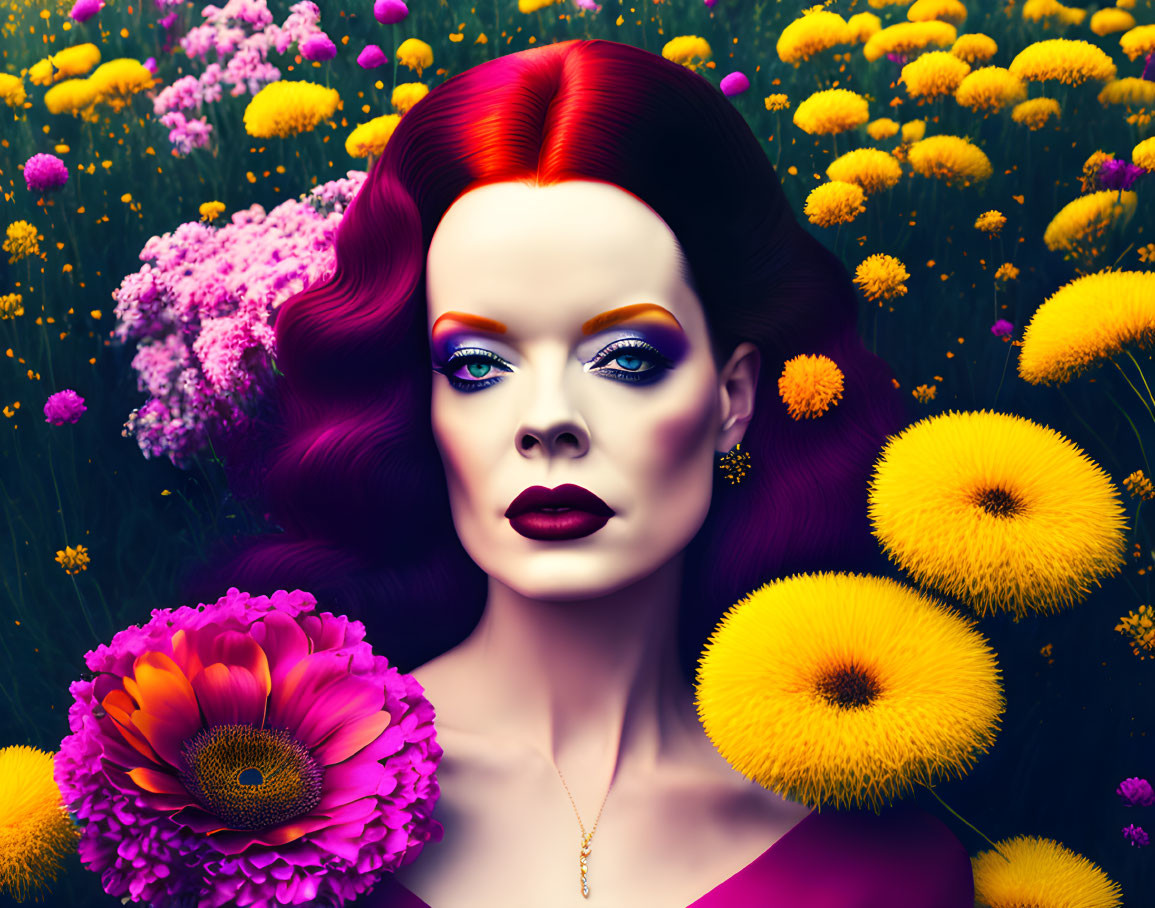 Colorful Digital Portrait of Woman with Red Hair and Flower Bouquet