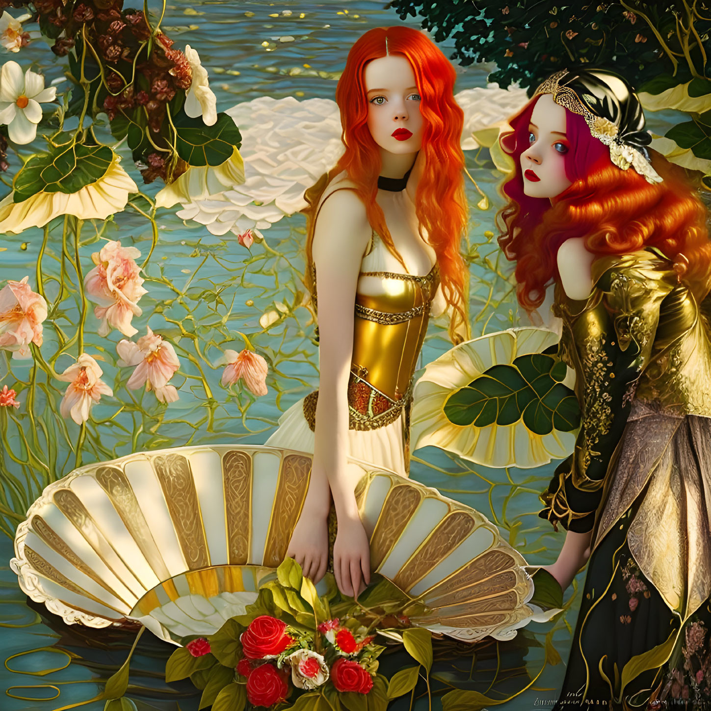 Ethereal women with fiery red hair in golden dresses by water with lilies