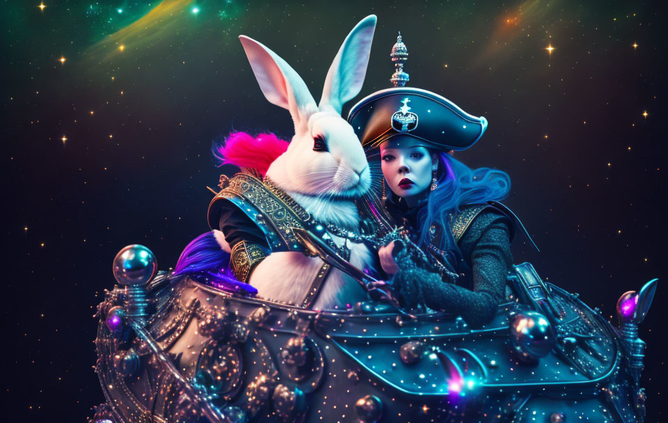 Person in pirate costume riding oversized rabbit in fantastical space scene.