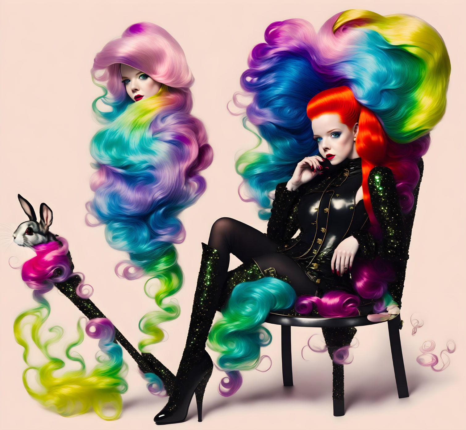 Stylized women with colorful hair and rabbit in fashionable pose