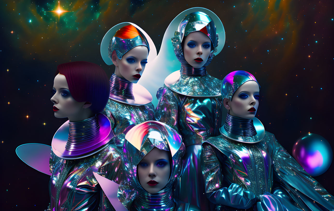 Five metallic clothing futuristic models against cosmic background.