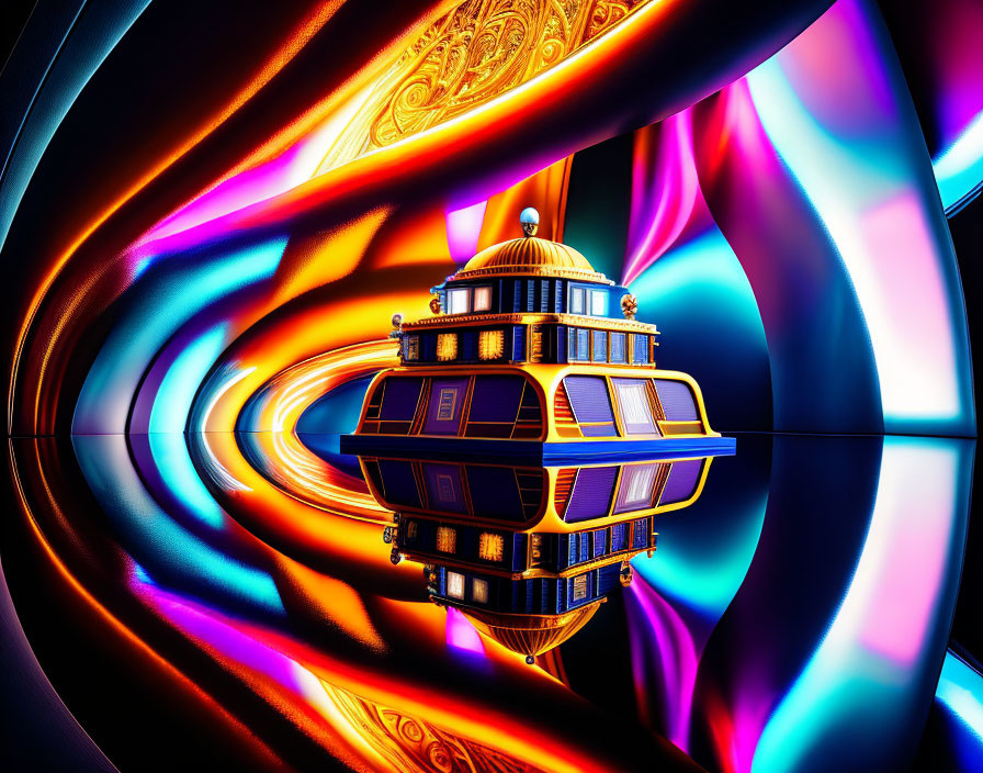 Colorful digital art: gleaming building in neon tunnel