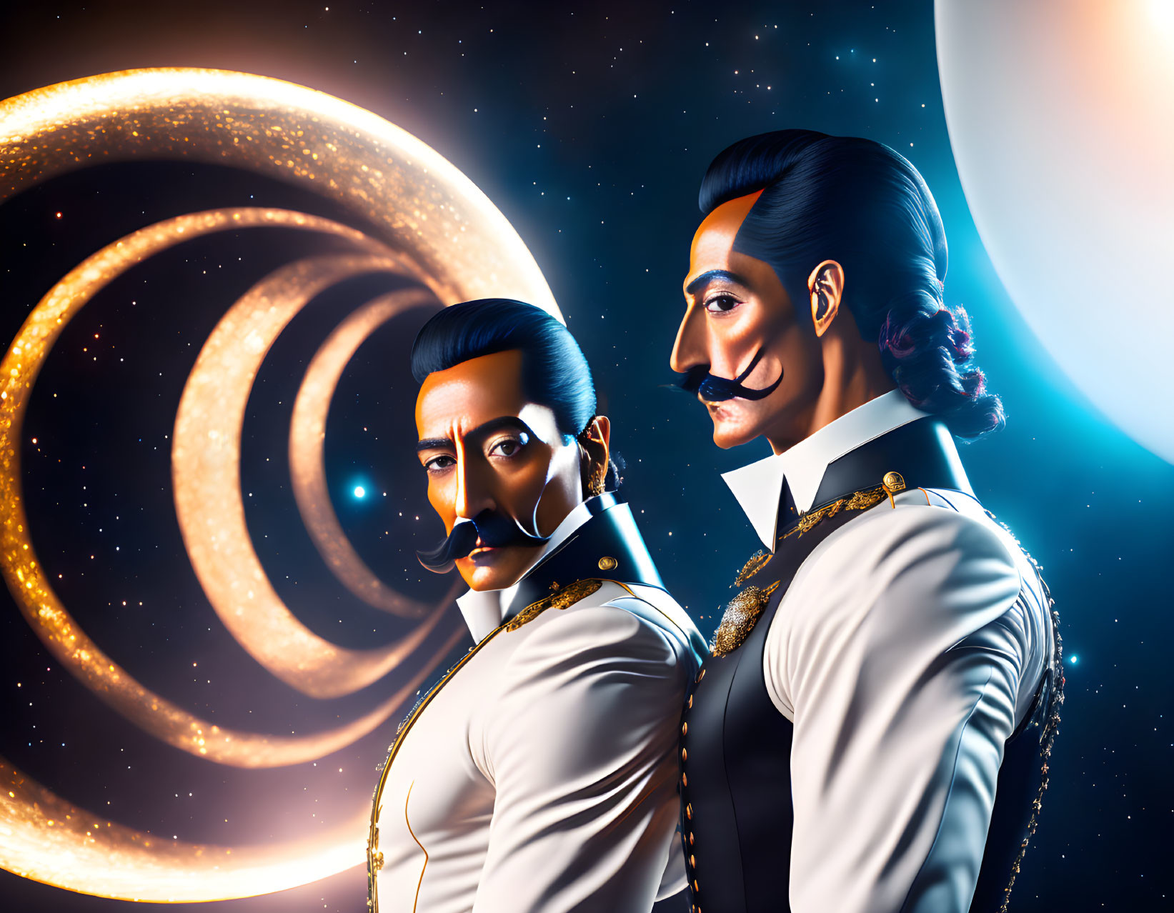 Illustrated characters in vintage military uniforms against cosmic background