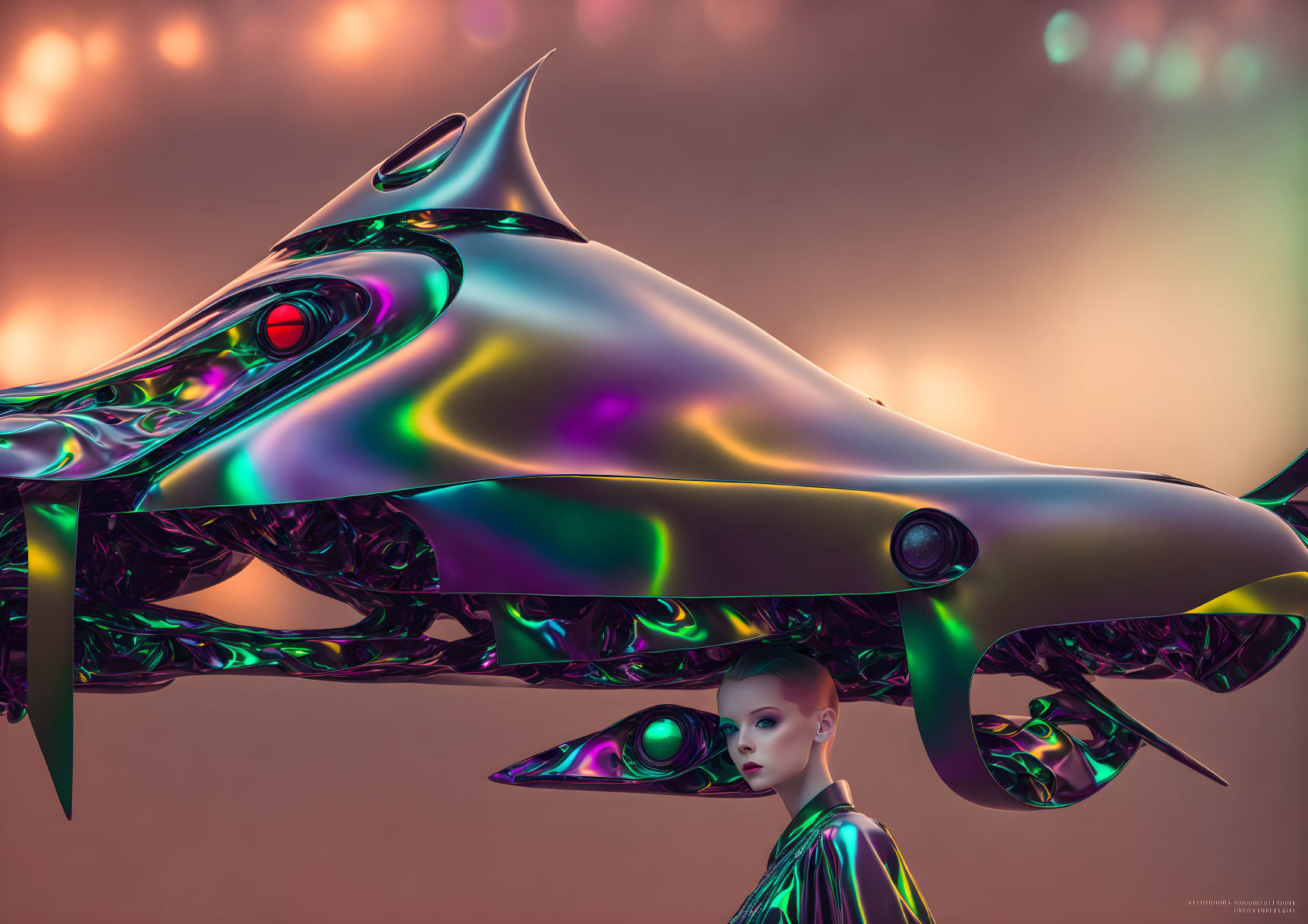 Futuristic woman with iridescent spaceship in warm setting