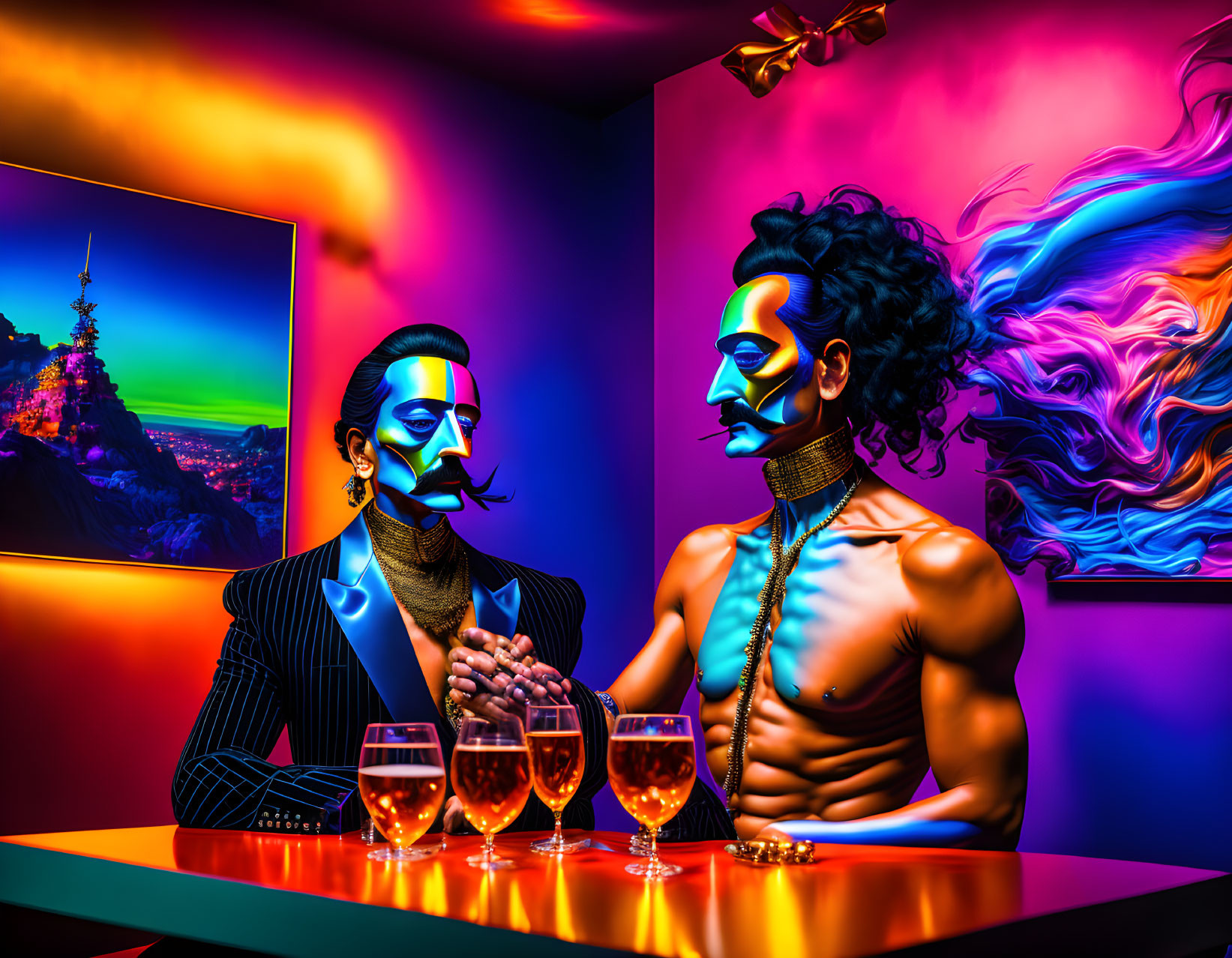 Colorful Neon-Painted Figures Toasting in Bar Setting