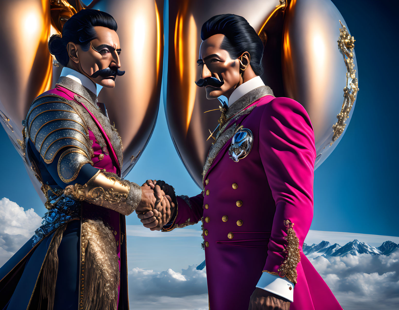 Stylized male figures with elaborate mustaches shaking hands in ornate uniforms.