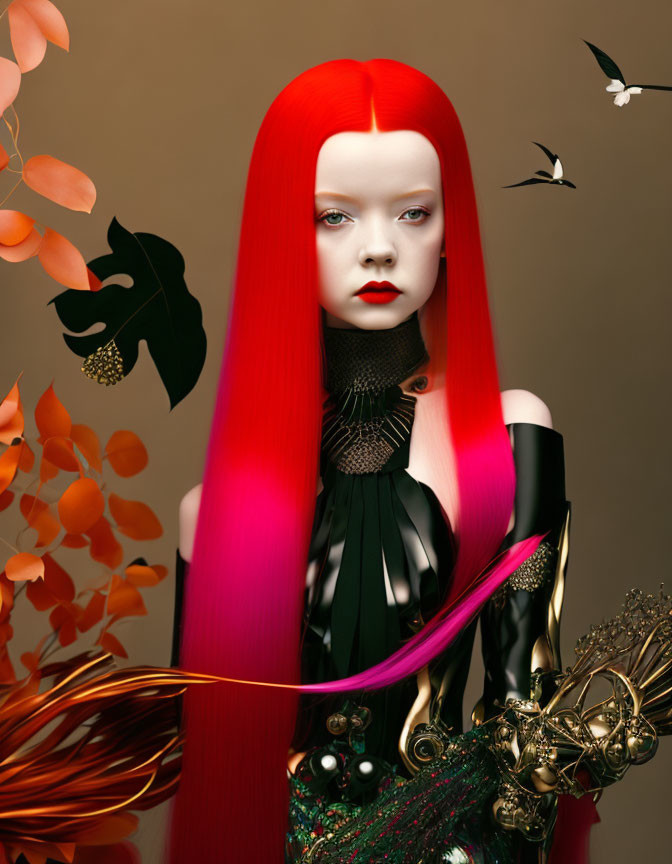 Digital Artwork: Female Figure with Red Hair, Black Dress, Autumn Leaves, and White Birds