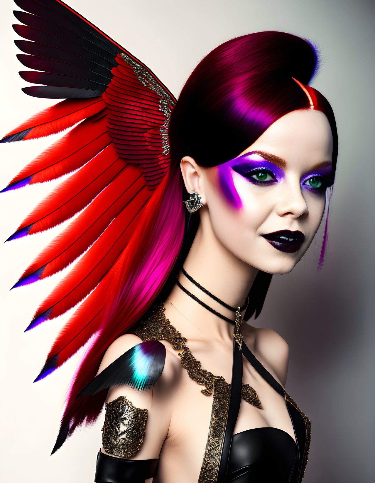 Portrait of a woman with red and black feathered wings and purple eye makeup