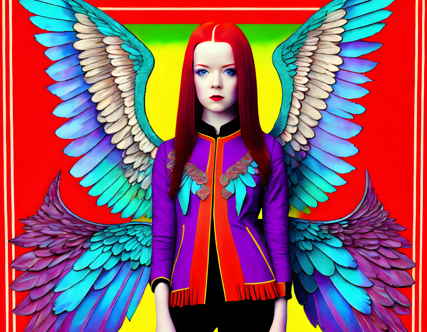 Woman with Red Hair and Colorful Wings on Vibrant Background