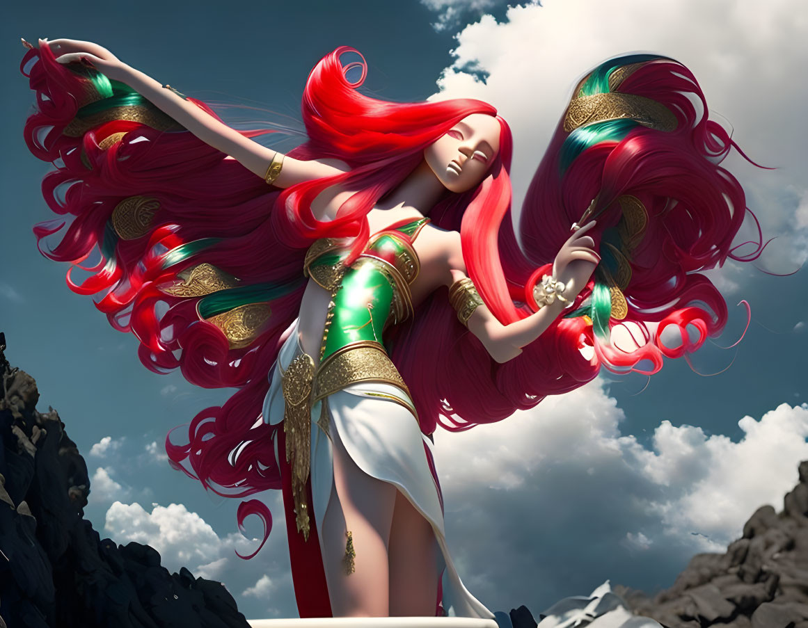 Digital artwork featuring woman with red hair, green-gold armor, staff, clouds, rocky terrain