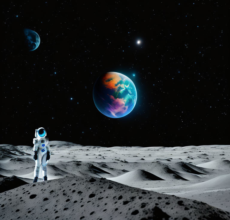 Astronaut on lunar surface with Earth and moon in starry sky