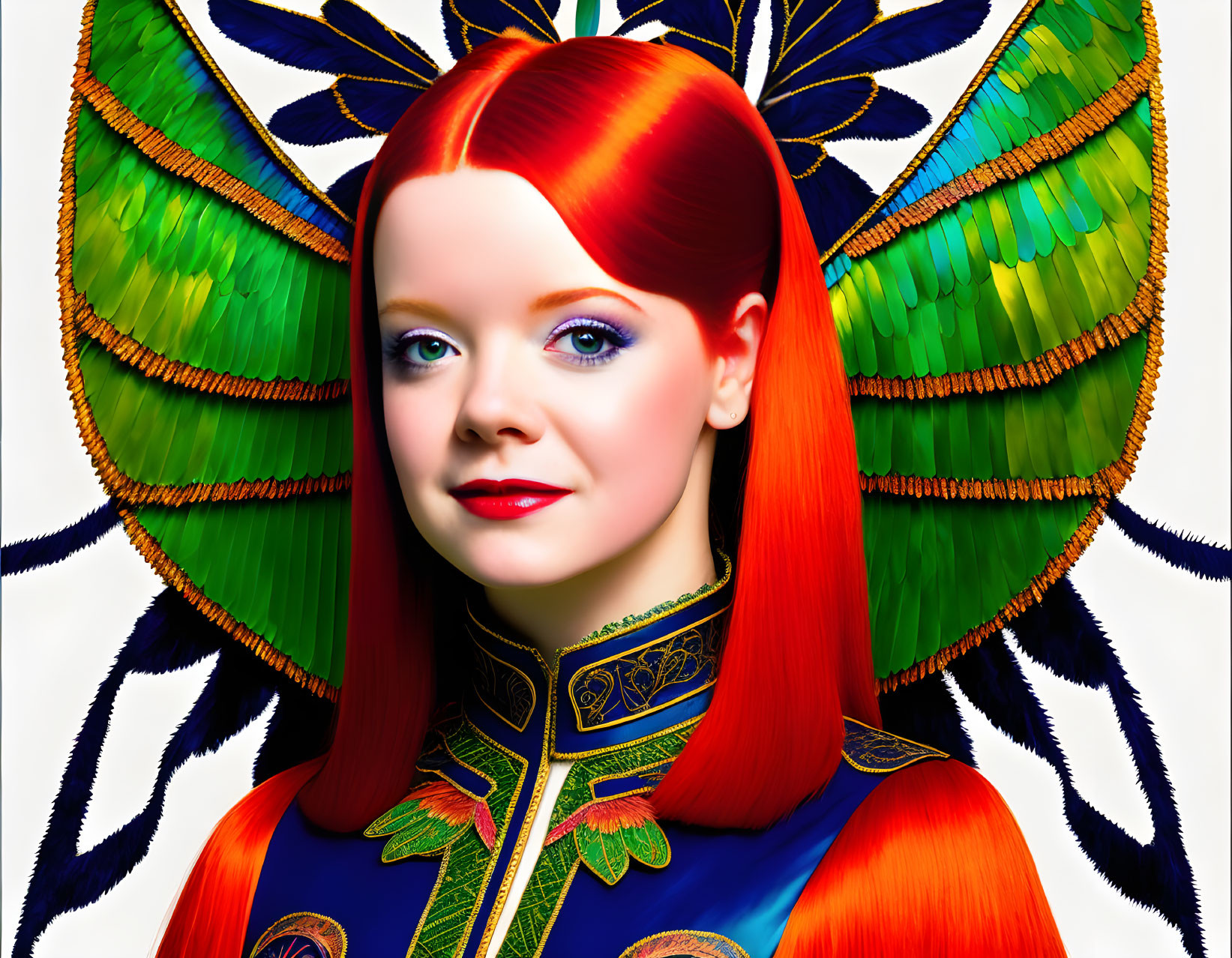 Colorful woman with red hair, butterfly wings, and high collar