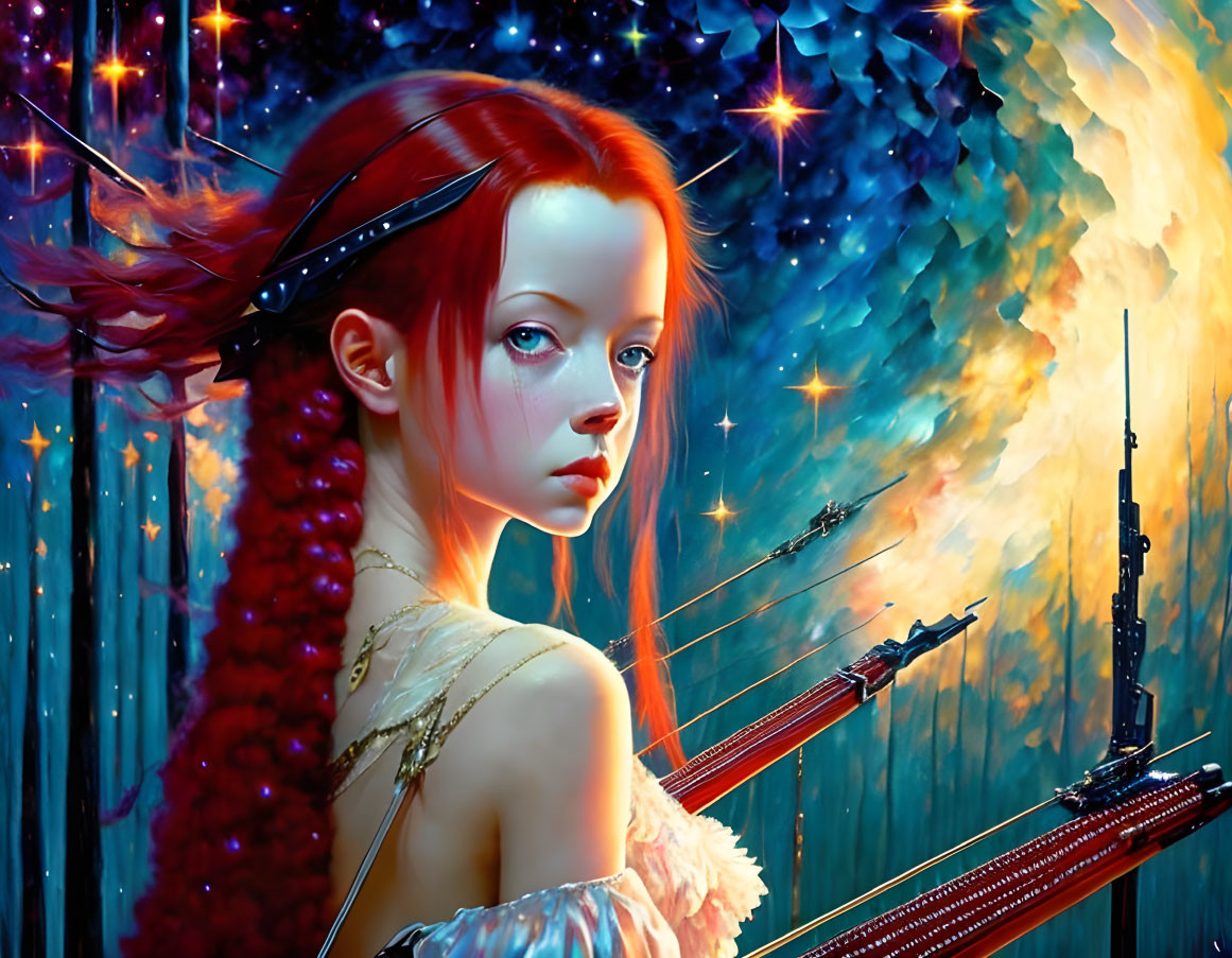 Digital artwork featuring red-haired girl with braided hairstyle and futuristic headpiece in space theme