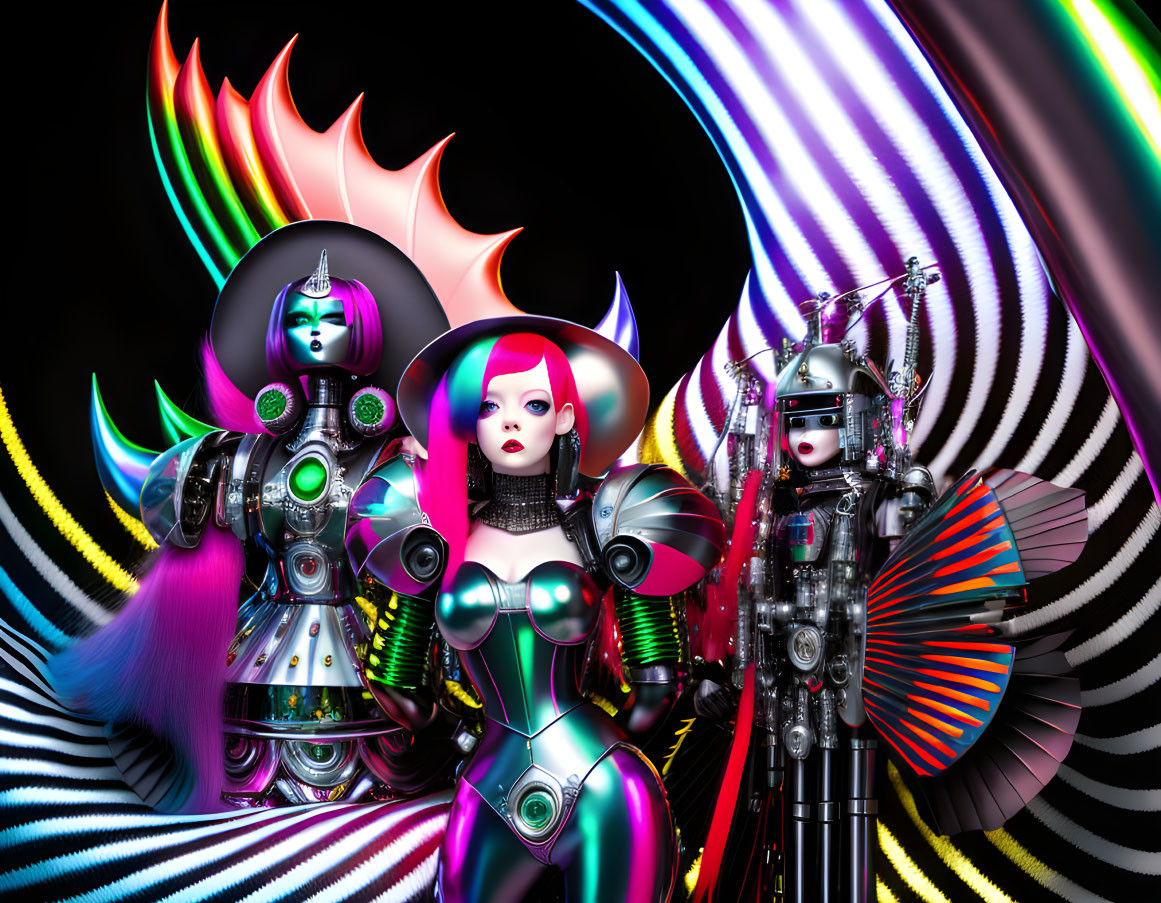 Three colorful armored futuristic warrior characters against a psychedelic spiral backdrop