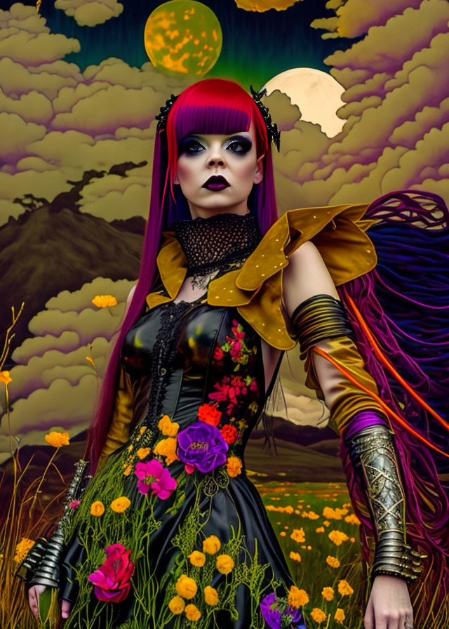 Vibrant Purple-Haired Woman in Gothic Attire in Fantasy Moonlit Landscape