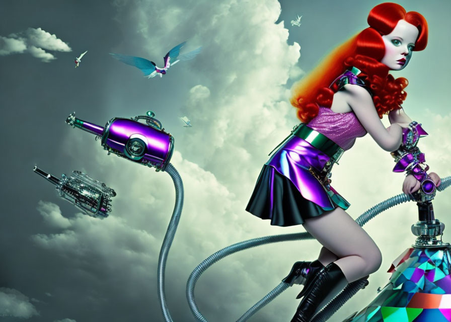 Surreal red-haired woman with hose and futuristic device in cloudy sky