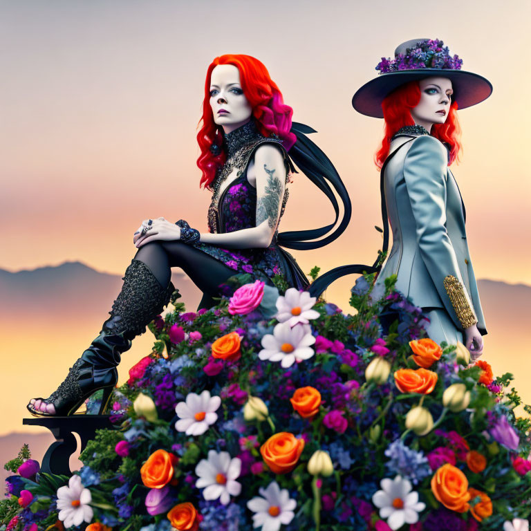 Two women with red hair in fashion attire on floral arrangement at twilight