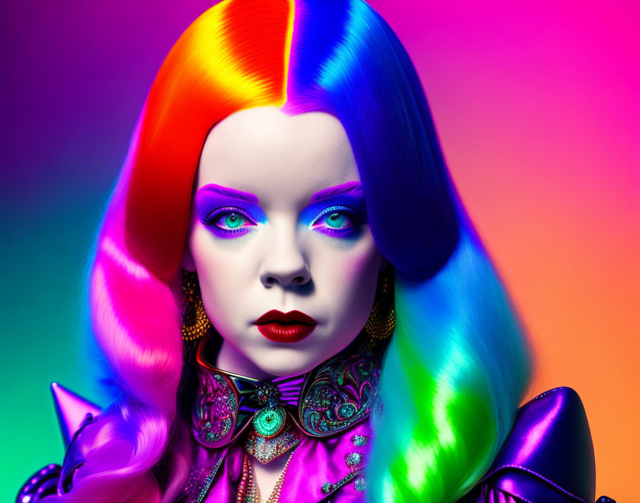 Colorful Woman in Rainbow Hair and Bold Makeup on Neon Gradient Background