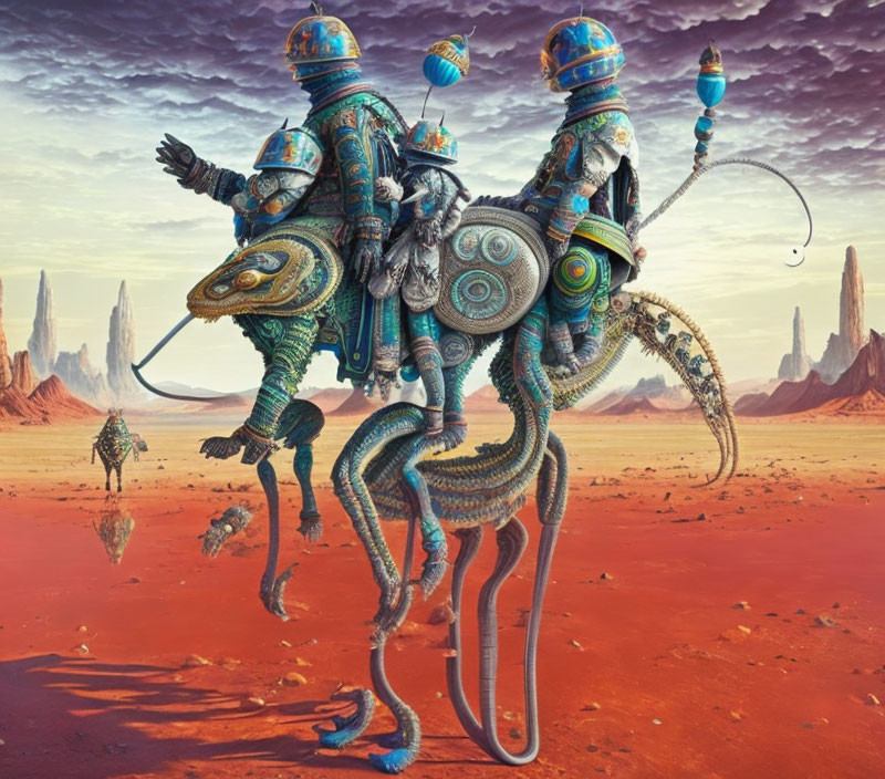 Ornate robotic figures on mechanical ostrich-like creatures in surreal desert landscape