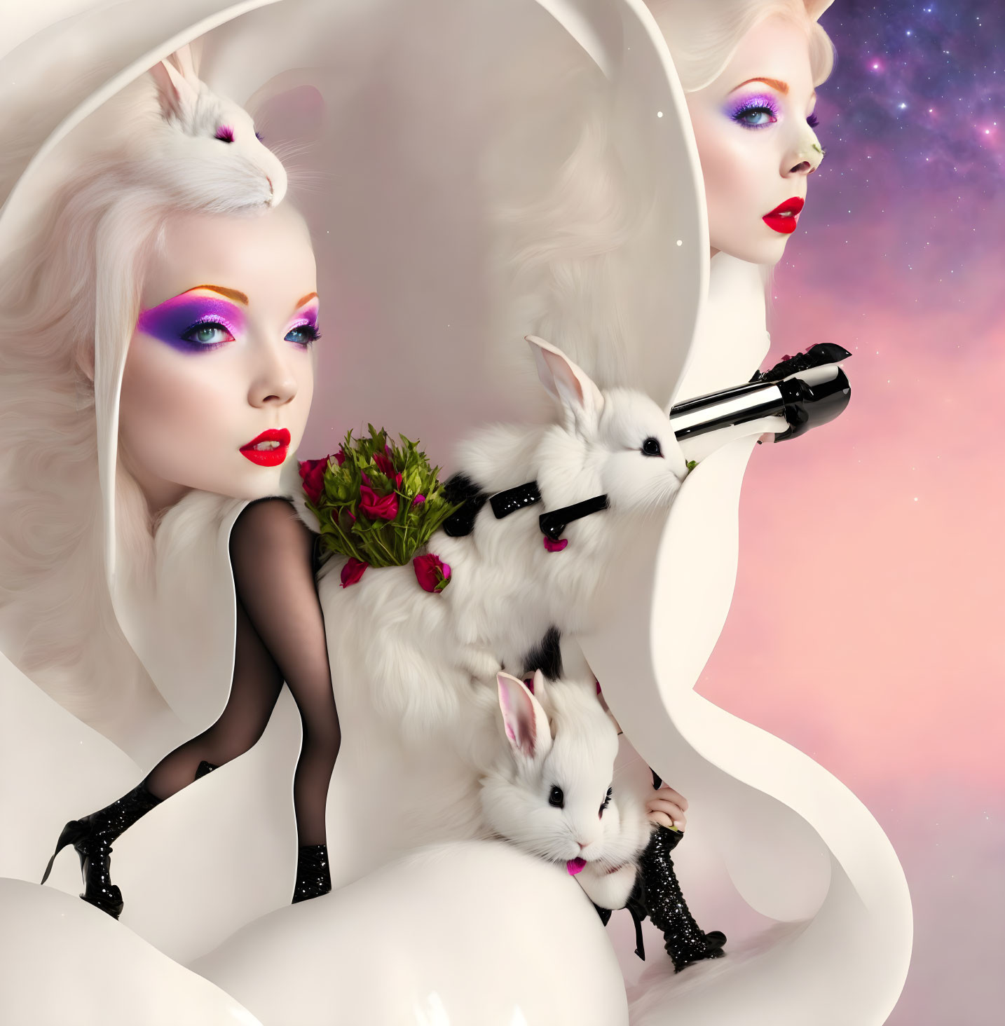 Surreal image: Woman with white hair, vibrant makeup, and rabbits in cosmic setting