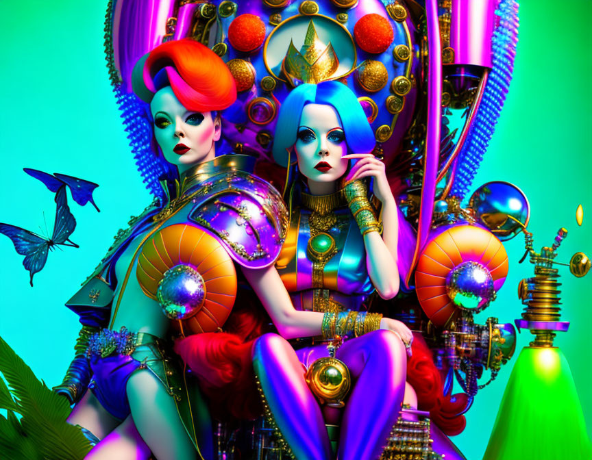 Stylized figures in vibrant makeup and elaborate costumes on colorful surreal backdrop