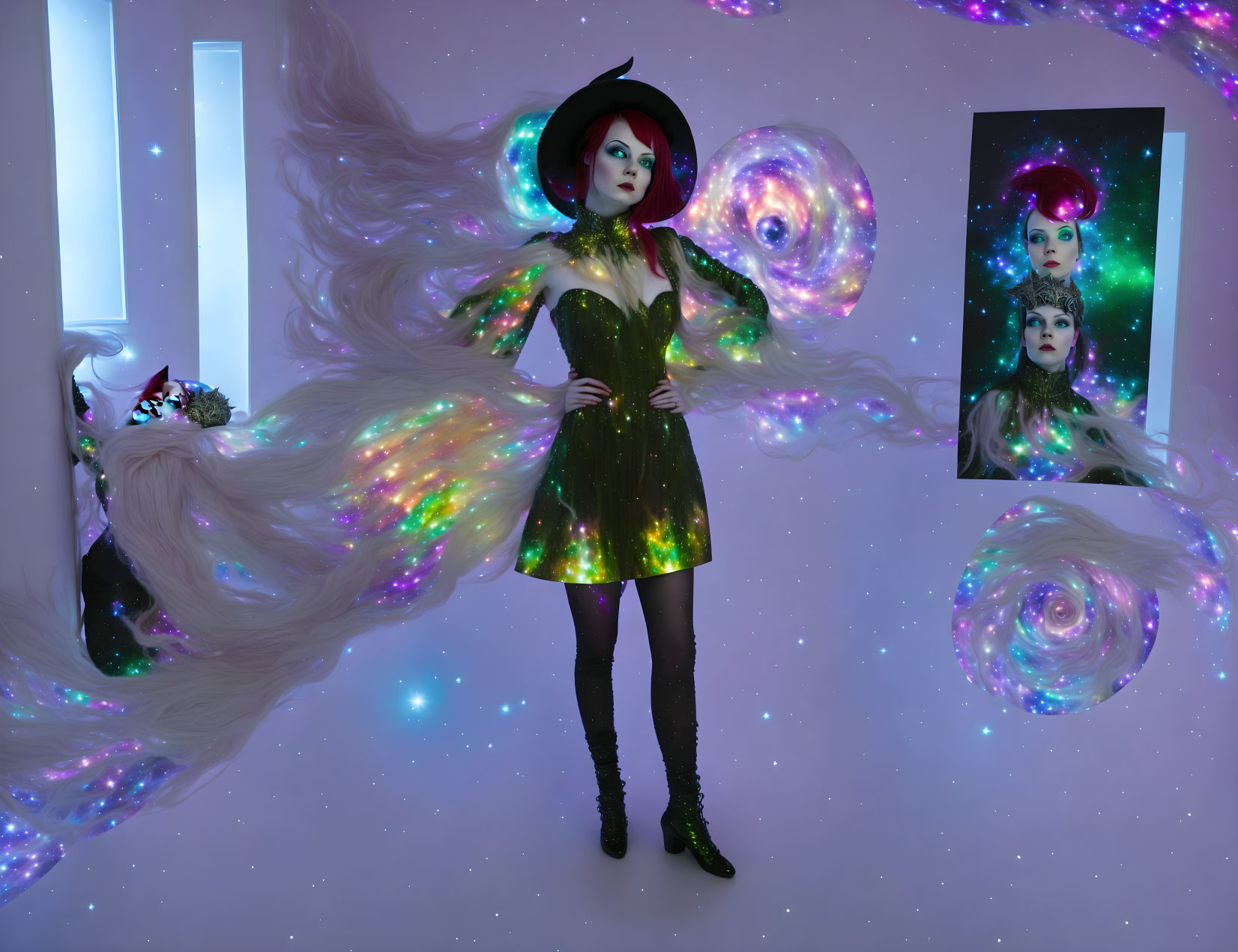 Cosmic-themed outfit and makeup in vibrant galaxy setting