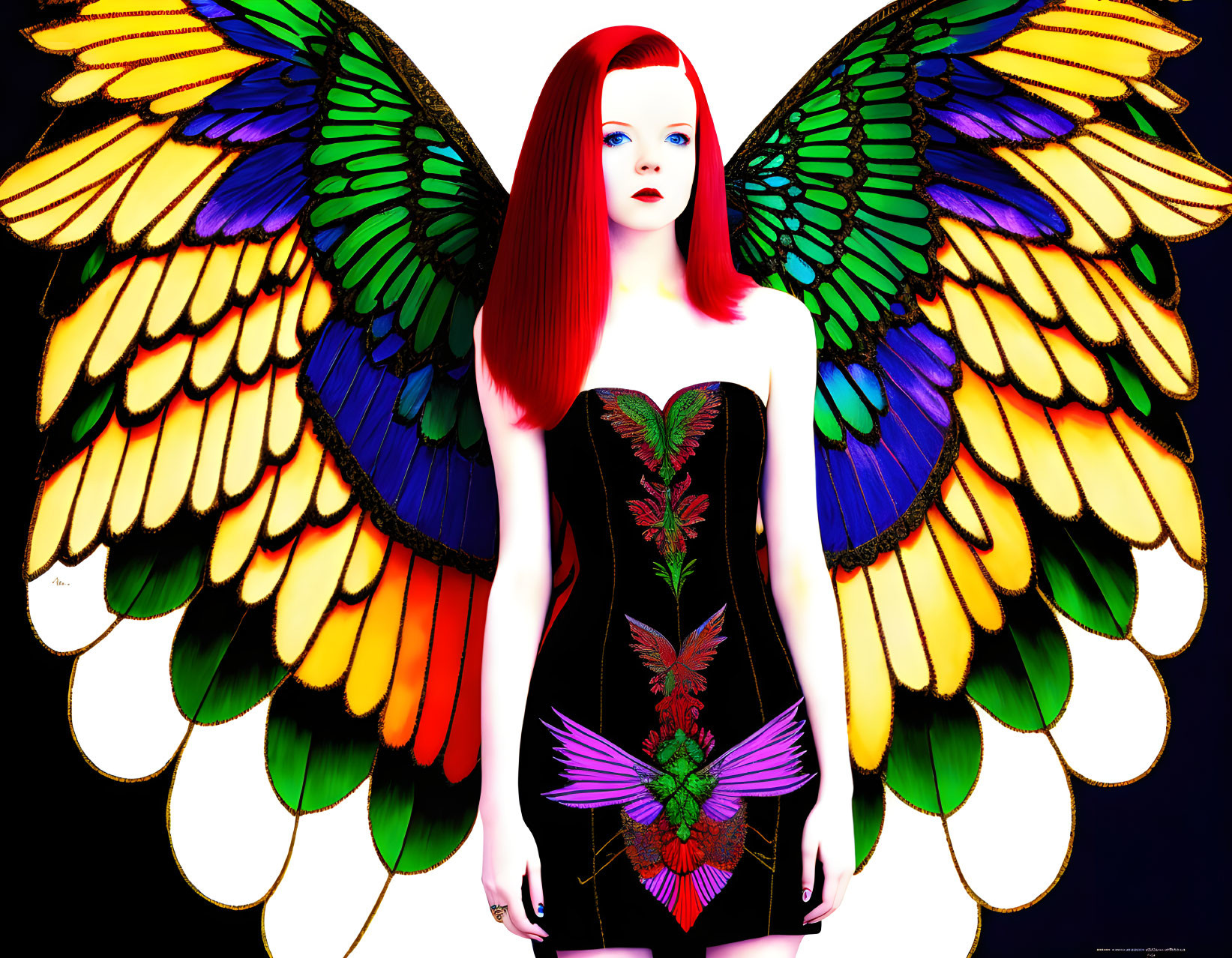 Bright red-haired woman in black dress with colorful bird design and outstretched wings against dark background