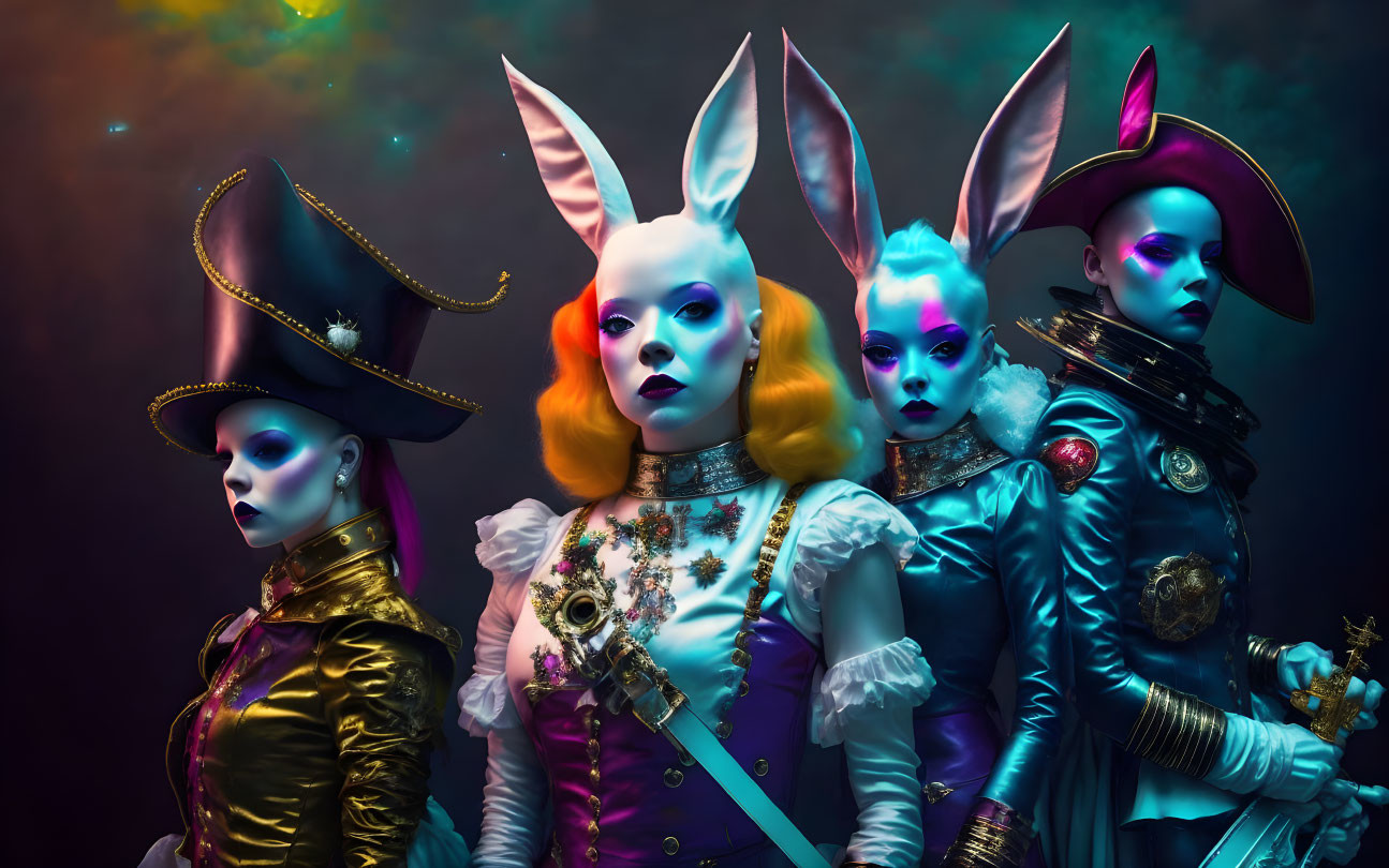 Four individuals in rabbit ear costumes against multicolored backdrop