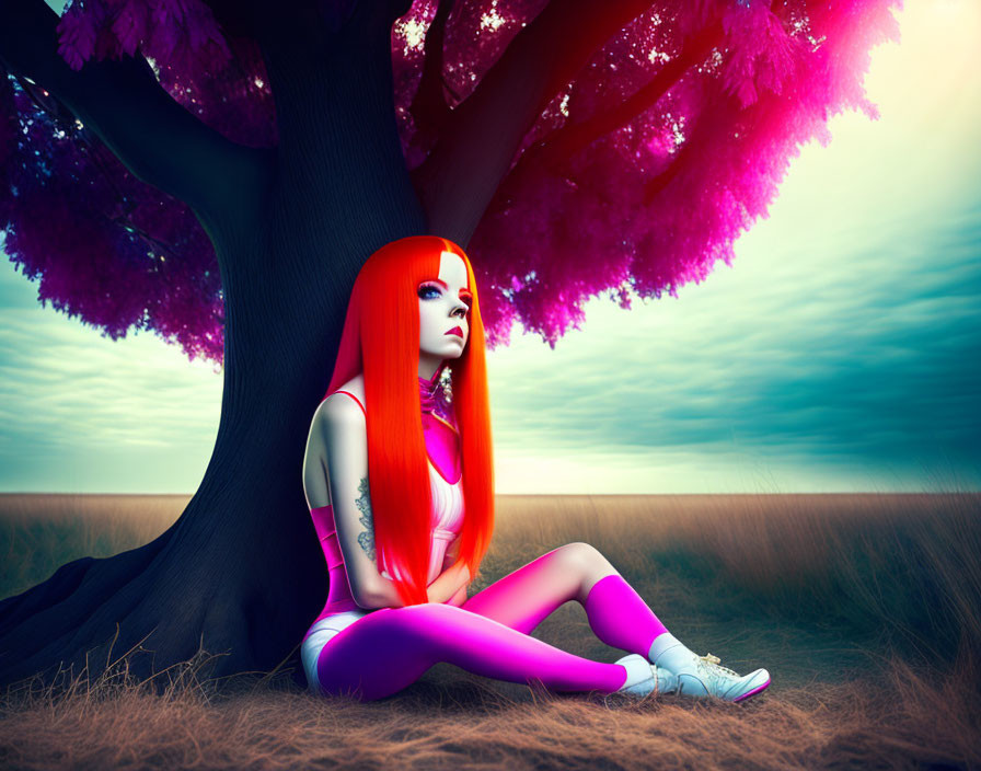 Colorful illustration: Woman with red hair in pink attire under purple-leaved tree