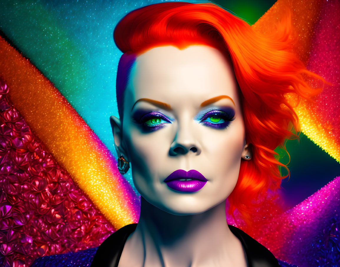 Vibrant woman with red hair and bold makeup on colorful background