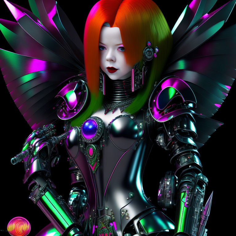 Futuristic female robot with multicolored hair and cybernetic enhancements