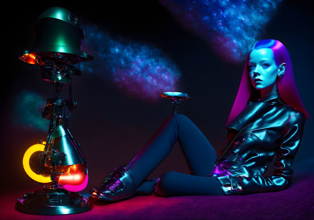 Futuristic woman with purple hair next to a robot in neon-lit space theme
