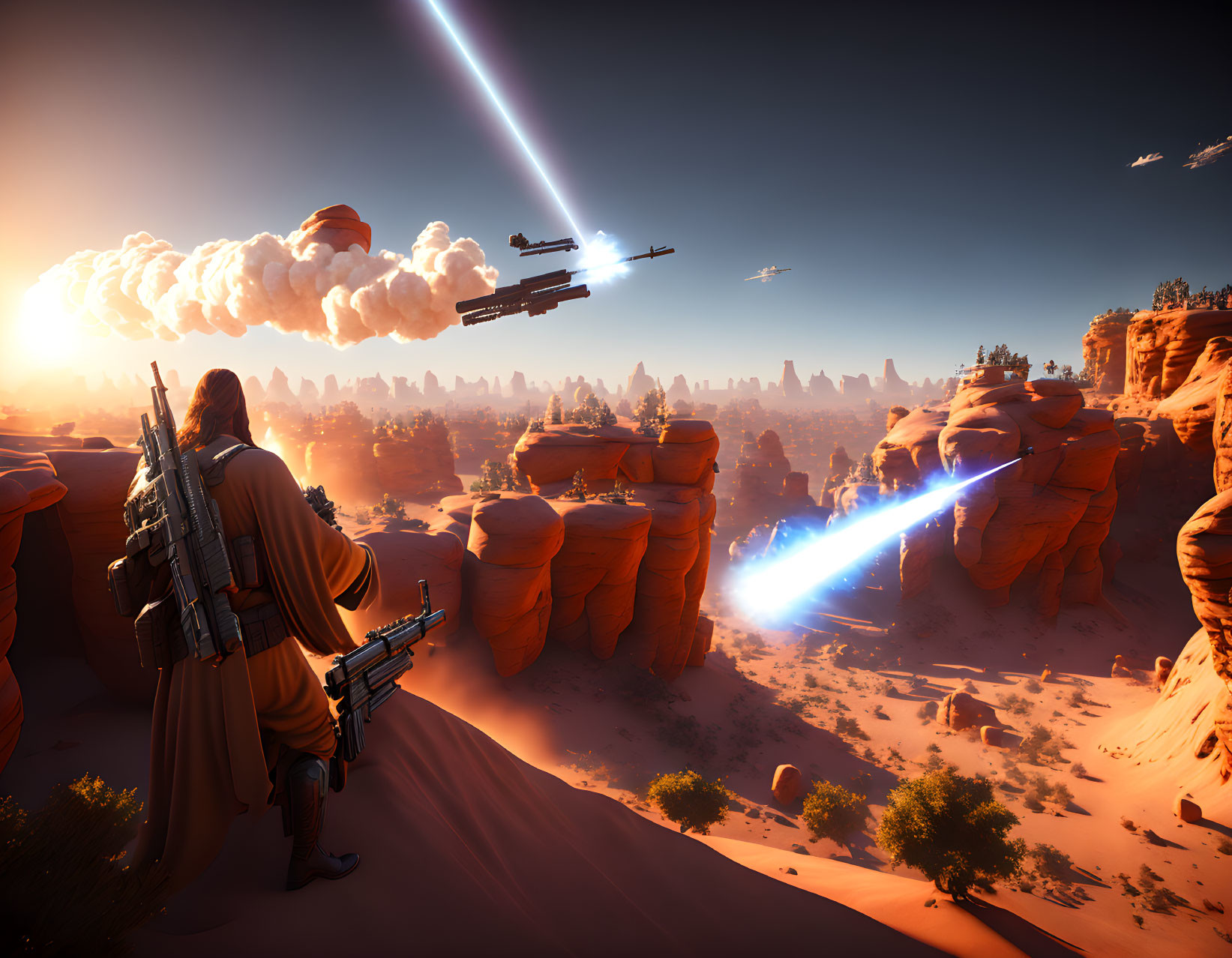 Warrior with blaster and lightsaber on desert cliff watches spaceships and explosions.